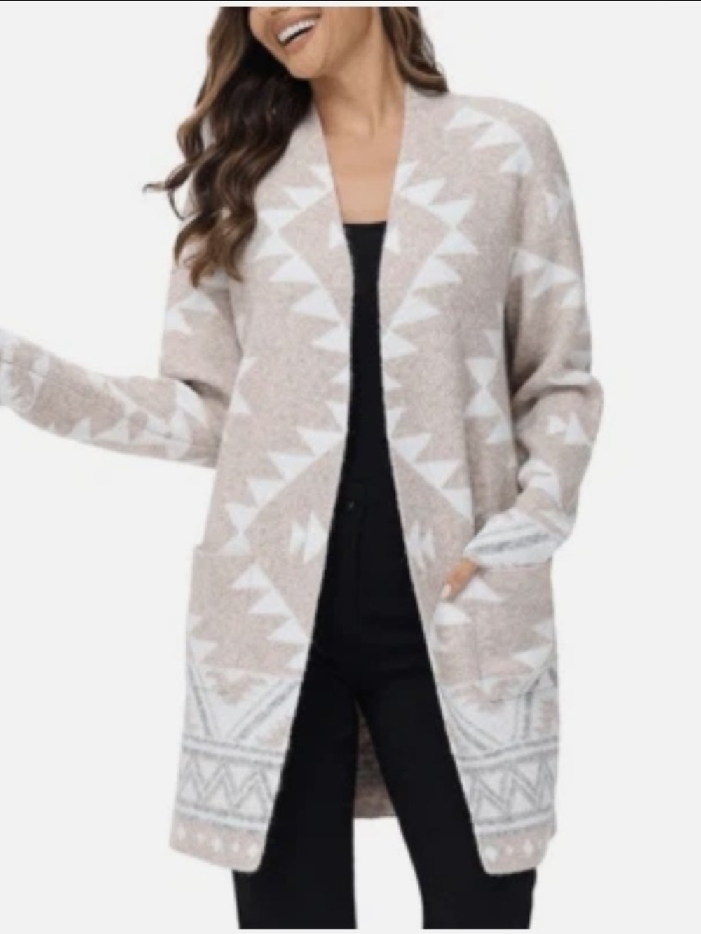 Frye Beige and White Geometric Open-Front Cardigan